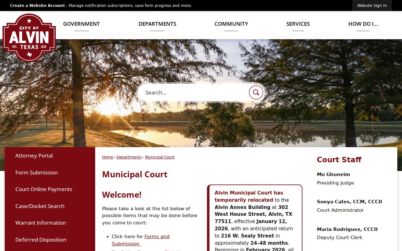 Alvin Municipal Court official information page