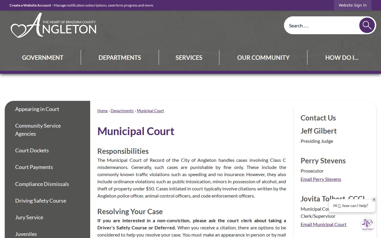 Angleton court records on the municipal court page
