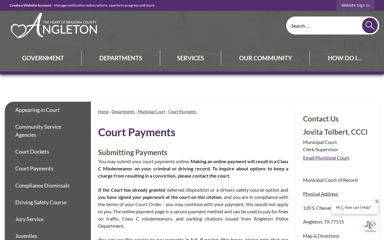 Angleton court records payment page and citation warnings